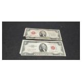 (2) $2 Red Seal Notes: 1928, 1953