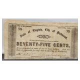 1862 75 Cent Richmond Virginia Note Original &
