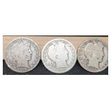 (3) Barber Half Dollars: 1900, 07-D, 08-O