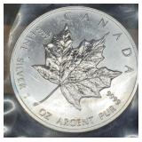 1992 1 Troy Oz. Silver Canada $5 Maple Leaf