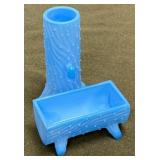 Blue Milk Glass, Log Pitcher & Dish