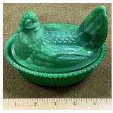 5 1/2" McKee Green Slag Hen on Nest