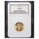 1881 $5 Liberty Gold Half Eagle NGC MS64 Nice!
