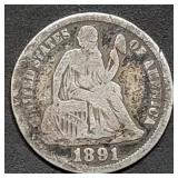 1891 Seated Liberty Silver Dime