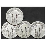 4 Standing Liberty Silver Quarters 1925 to 1929
