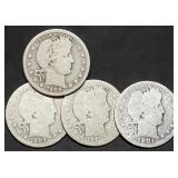 4 Barber Silver Quarters 1901 to 1912
