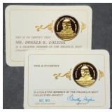 2 Gold Plated Sterling Silver Franklin Mint Tokens