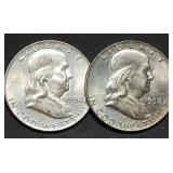 Pair of 1958-D Franklin Silver Half Dollars BU