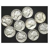 10 Mercury Silver Dimes all 1930s Dates