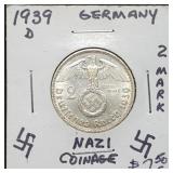 1939 D Nazi Germany Silver 2 Marks Coin BU Nice