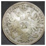 1870 Austria 20 Kreuzer .500 Silver Coin