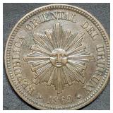 1869 Uruguay 2 Centesimos Coin High Grade