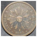 1869 Uruguay 4 Centesimos Large Bronze coin