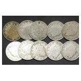 10 Nice Liberty V Nickels from Estate
