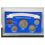 Display w/ 3 Silver Coins + V Nickel & Indian Cent