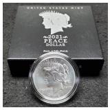 2021 Peace Dollar Unc. 999 Silver w/ Case & COA