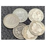 (6) Barber Dimes: 1898, 00, 05-O, 07, 13, 14-D