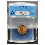 1950-S Slab L. Cent ANACS MS66 Red