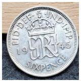 1945 Great Britain 6 Pence Silver 50%