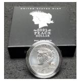 2021 Peace Unc. Dollar 999 Silver w/ Case & COA