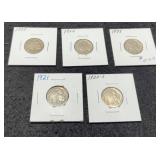 (5) Buffalo Nickels: 1920-S, 21, 23, 25, 25