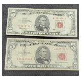 (2) 1963 $5 Red Seal Notes