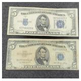 2- $5 Silver Certificate Notes: 1934D, 1953