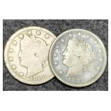 2- 1883 V Nickels: No Cents VF25, W/ Cents VG8