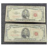 2- $5 Red Seal Notes: 1953B, 1963