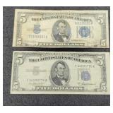 2- $5 Silver Certificate Notes: 1934D, 1953A
