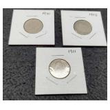 3- V Nickels: 1908 VG8, 10 G6, 11 VF20