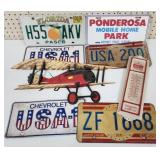 Metal Airplane Sign, Thermometer, License Plates