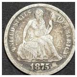 1875 Seated Liberty Silver Dime, Nice!