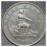 1870 France 5 Centimos Bronze Coin