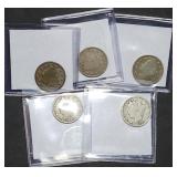 5 Nice Liberty V Nickels 1904 to 1912