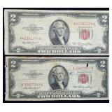 Pair of Circulated 1953 $2 Red Seal Banknotes