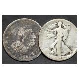 Pair of 90% Silver Half Dollars Barber & Walking