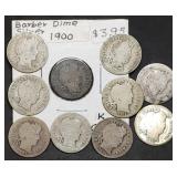 10 Barber Silver Dimes 1900 to 1914