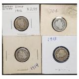 4 Nice Barber Silver Dimes 1912 to 1915