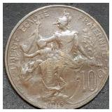1916 France 10 Centimes Bronze Coin High Grade