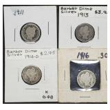 4 Nice Barber Silver Dimes 1911 to 1916
