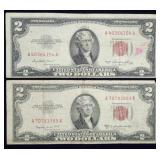 Pair of Circulated 1953 $2 Red Seal Banknotes