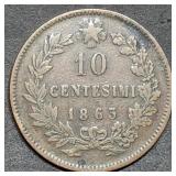 1863 Italy 10 Centesimi Large Copper Coin