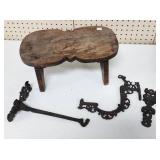 Primitive Wooden Stool & Cast Iron Wall Hooks