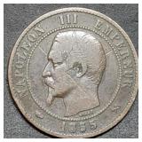 1855 France 10 Centimes Copper Coin