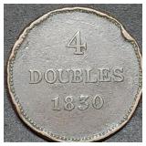 1830 Guernsey 4 Doubles Large Copper Coin