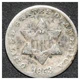 1853 Silver Three Cent Piece Nice Antique Coin