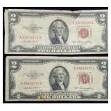 Pair of Circulated 1953 $2 Red Seal Banknotes