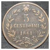 1861 M Italy 5 Centesimi Large Copper Cent Nice