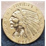1908 $2 1/2 Gold Indian Quarter Eagle Unc.